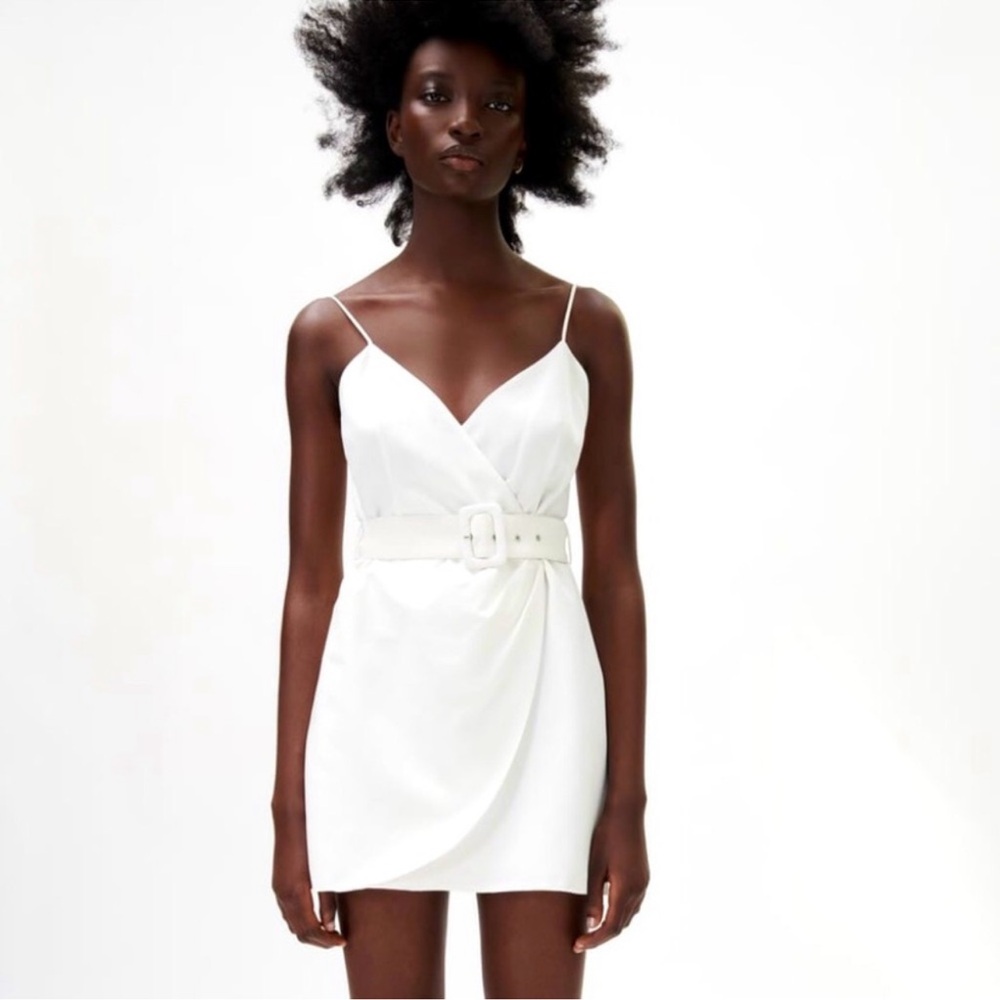 New ZARA BELTED white mini faux wrap adjustable strap going out party dress M